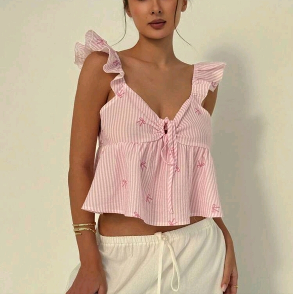 New Fashionable Sweet Bowknot Backless Ruffle Sleeve Waisted Babydoll A-Line Top - Picture 3 of 4